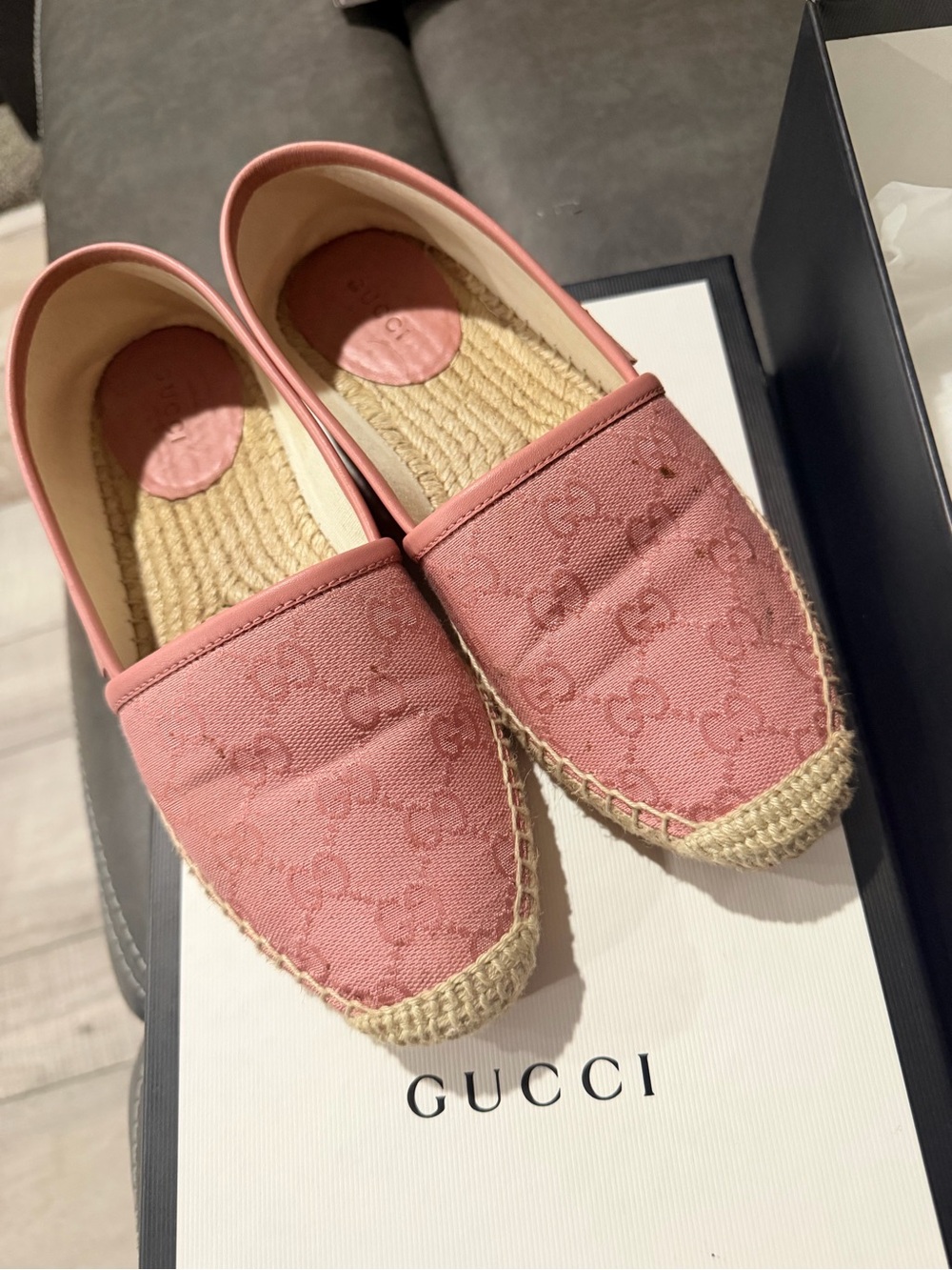 Gucci Pink Canvas GG Espadrilles Slip-On Flats